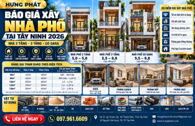 Báo Giá Xây Nhà Phố Tại Tây Ninh 2026 – Nhà 2 Tầng, 3 Tầng, Có Gara