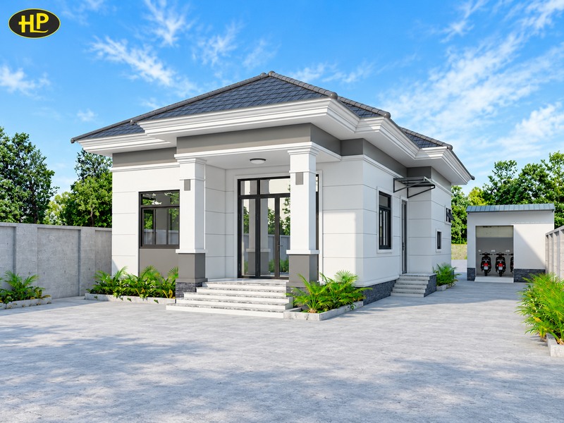 Phối cảnh nhà một tầng mái Nhật; dự toán cần dựa trên cấu tạo mái, vật tư và hiện trạng đất.
